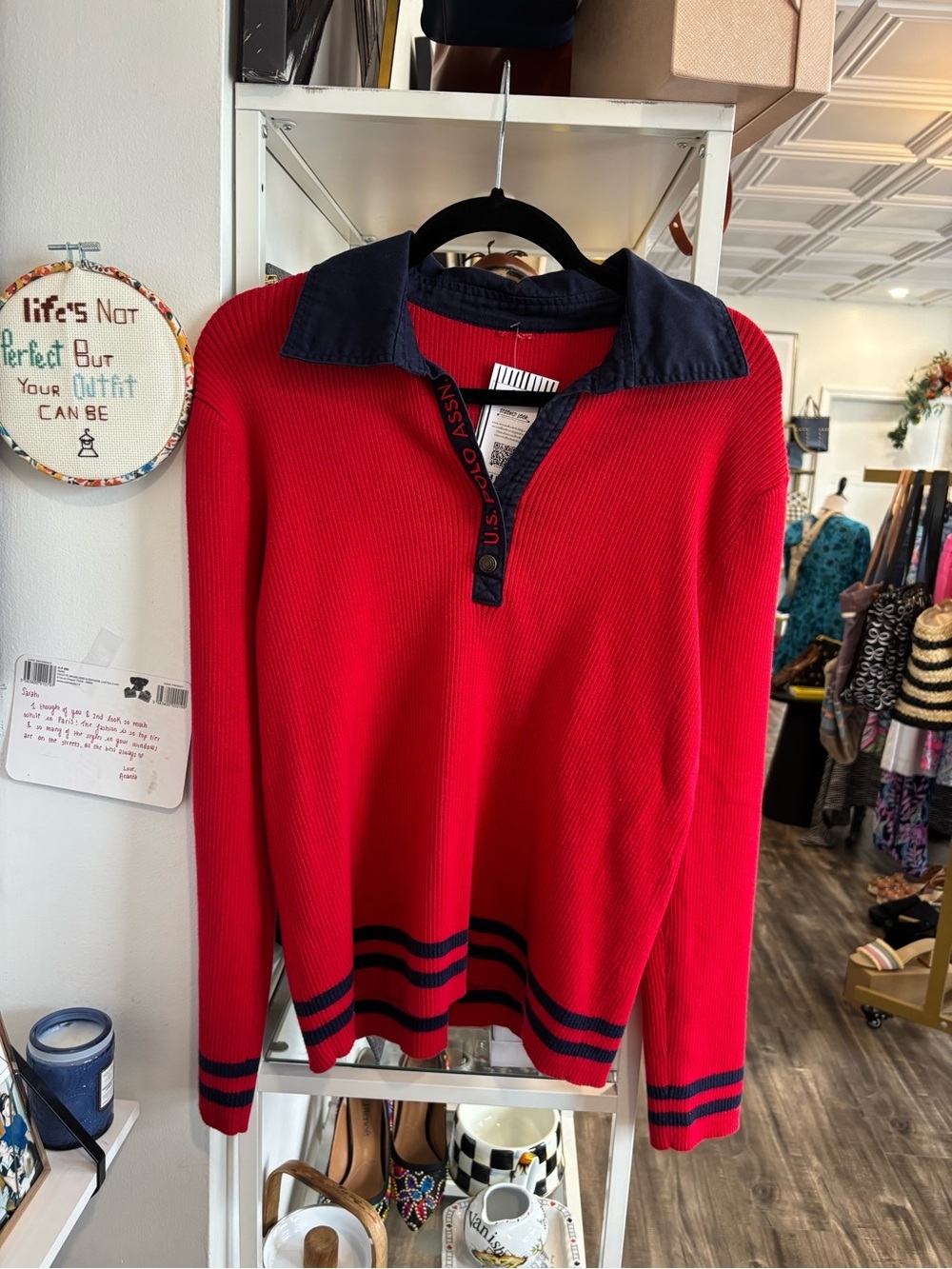 U.S. Polo Assn. Red Sweater with Navy Collar and Stripe Detail